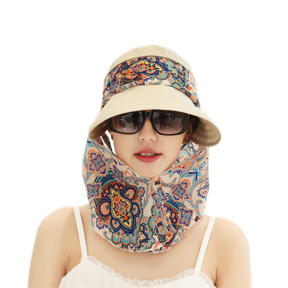 Women's Multifunctional UV Sun Protection Waterproof Breathable Face Neck Flip Folding Sun Hat (hat-Beige)