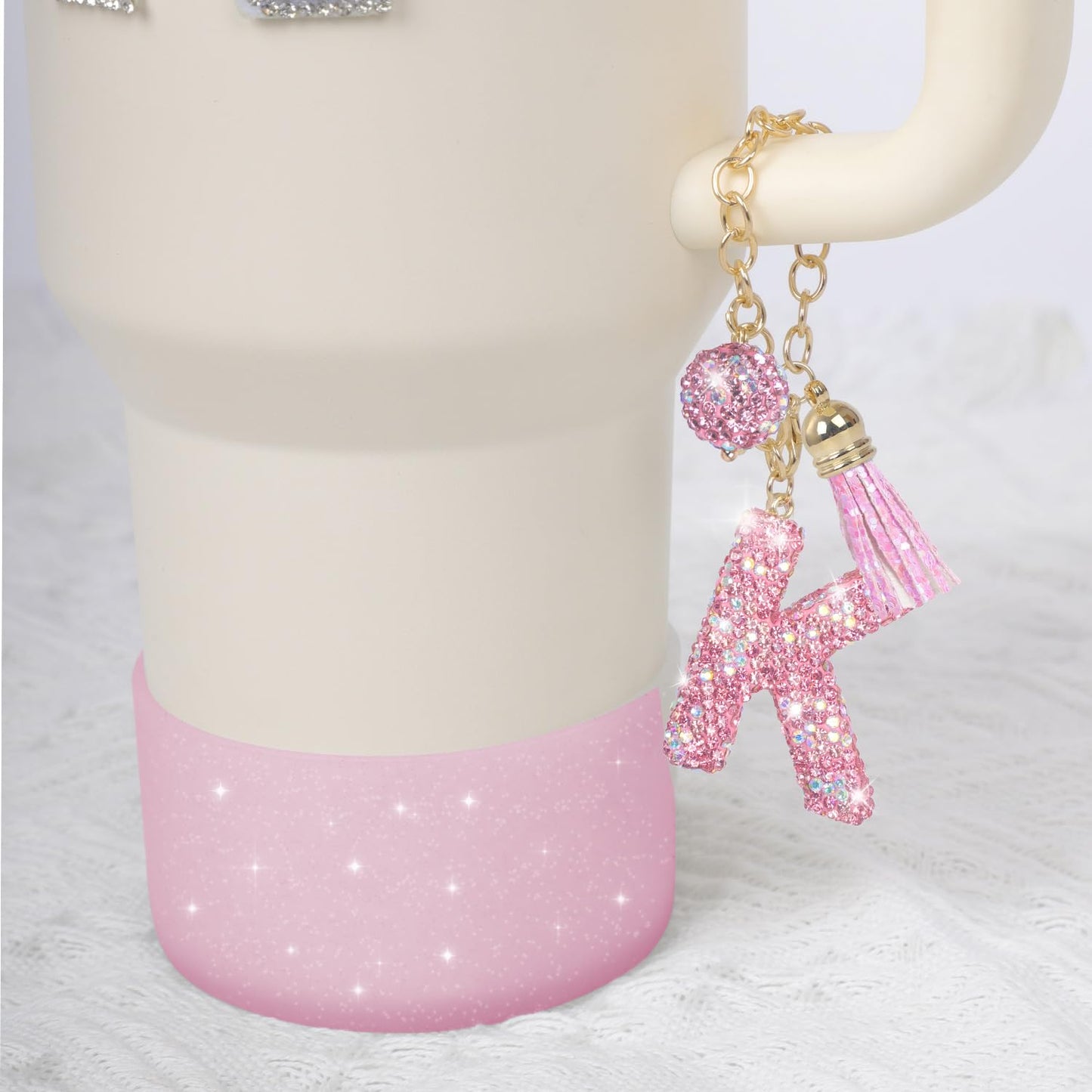 JUNIQUTE Pink Diamond Letter Charms Accessories for Handle Set, Bottom Protector for 40oz 30oz Stanley Cup, Crown Straw Cover & Sticker (K)