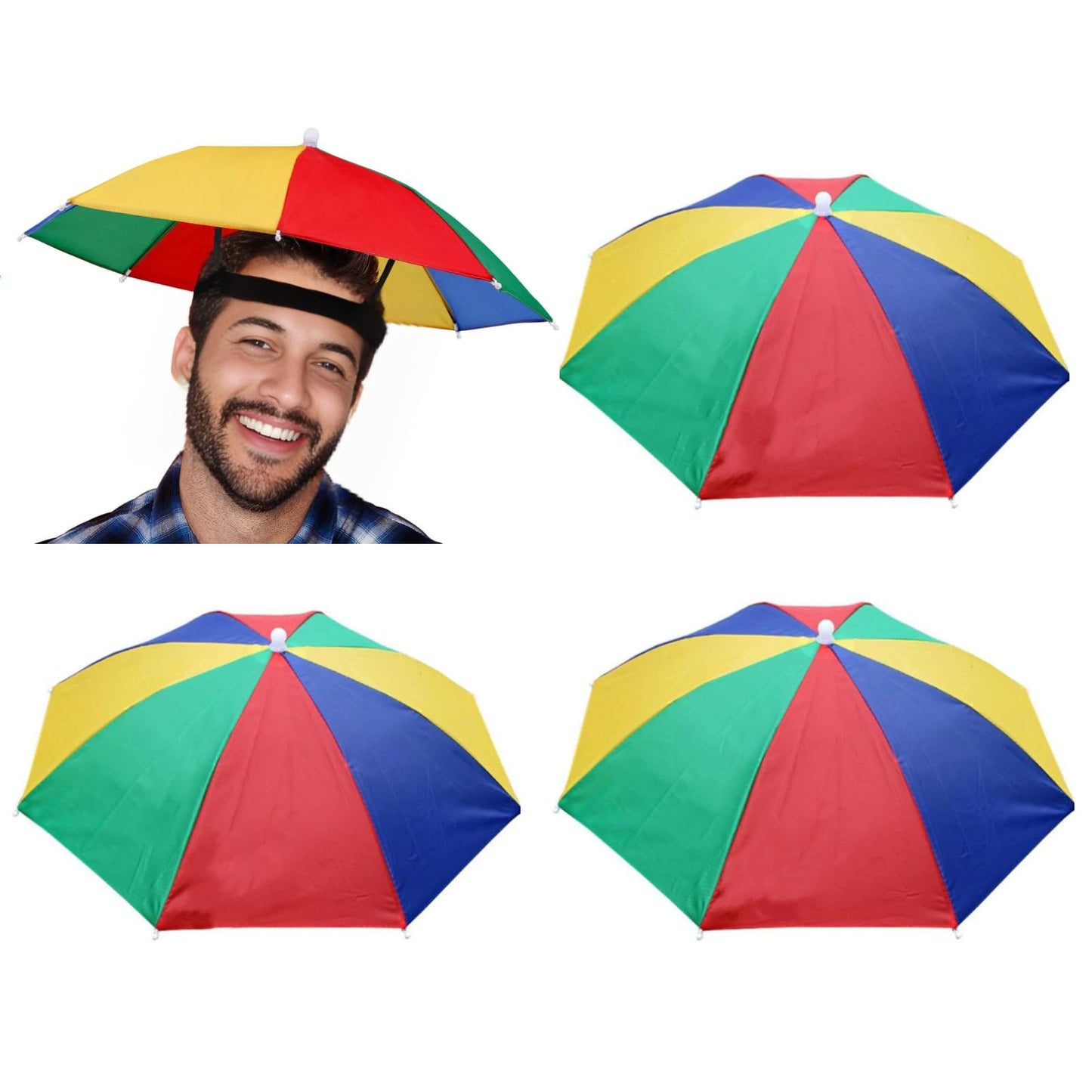 3 Pack Umbrella Hat for Adult, 26" Diameter Rainbow Sports Head Umbrella Hats for Women Men, Folding Waterproof Fishing Headwear for Outdoor Party Beach Hiking