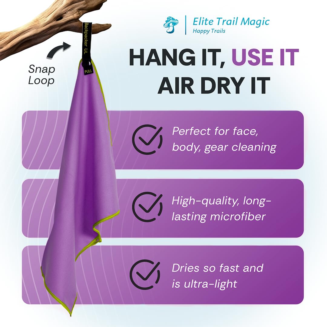 Elite Trail Magic Backpacking Ultralight Quick Dry Microfiber Soft Fast Drying Hand and Face Towel Wash Cloth Camping Yoga Hiking Active Lifestyle Small