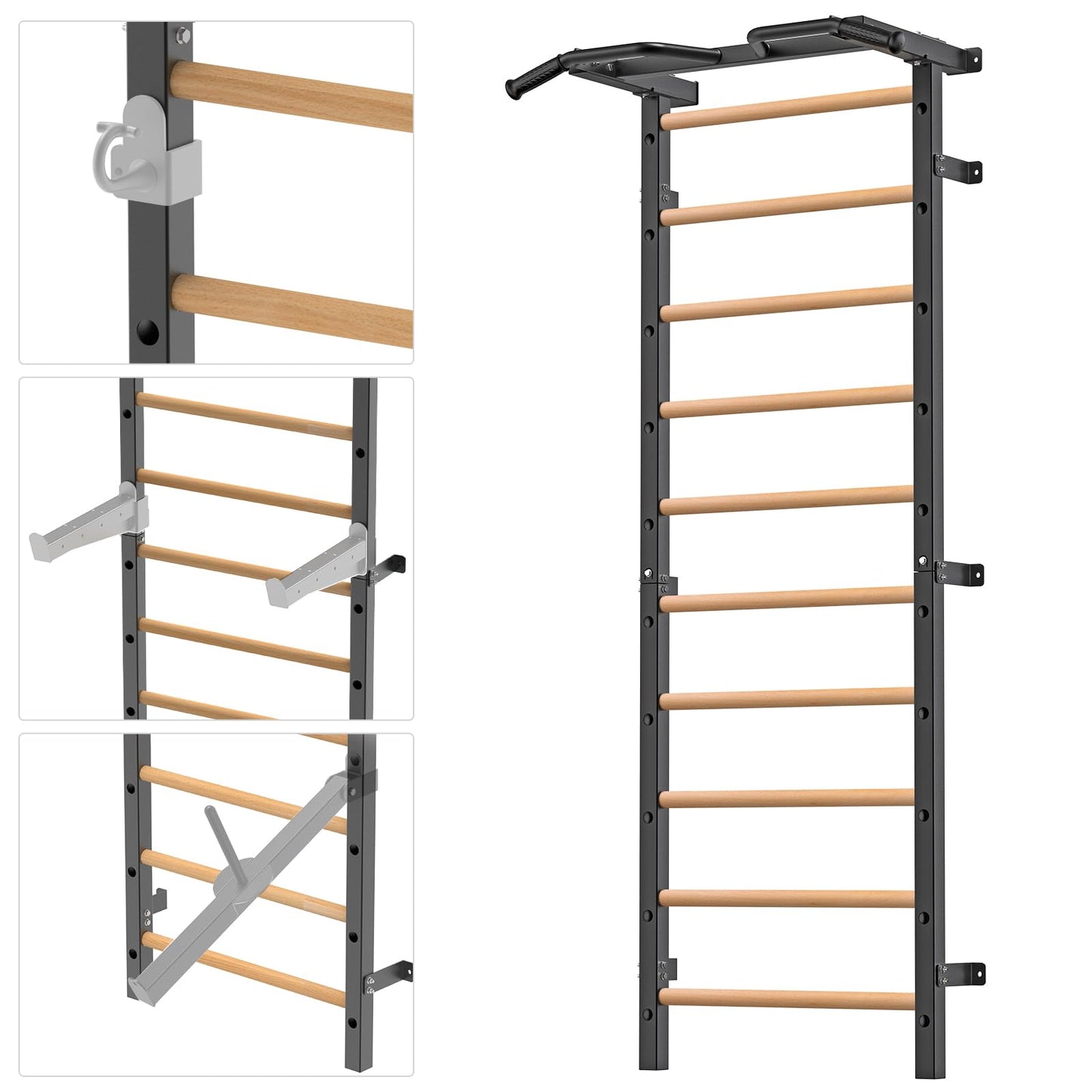 Kipika Gymnastic Stall Bar - 2"x2" Swedish Ladder with 1" Hole, Wall Mounted Pull-up Bar Ladder Suspension Trainer, Solid Wood Grips Gymnastics Training Bar for Home, Wall Gym, School