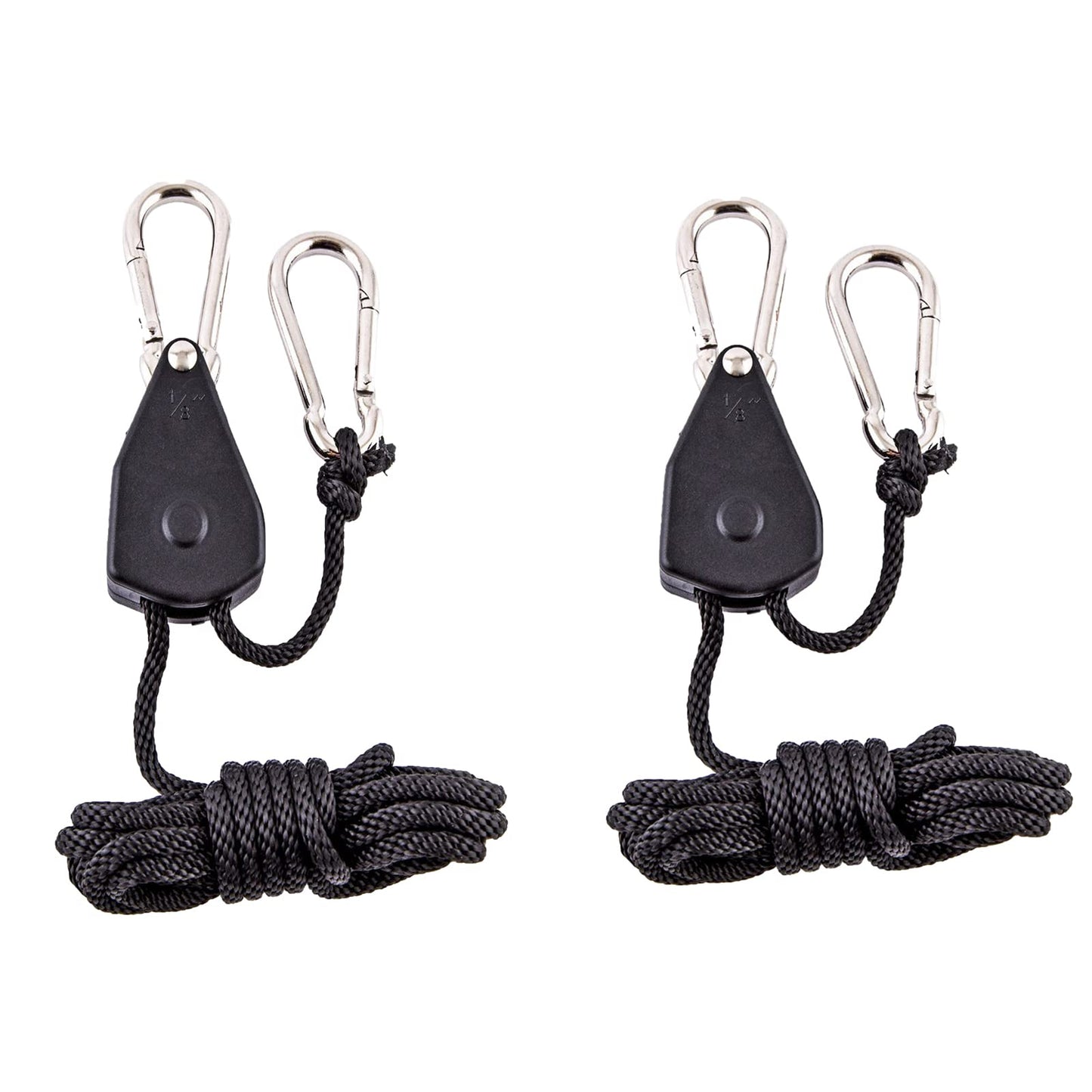 2 Pack 1/8in Heavy Duty Rope Hanger, Ttdesefu Adjustable Ratchet Plant Light Slings Buckle Tent Canopy Rope Stop Buckle Tent Guy Ropes with Pulley for Outdoor Camping Hiking(150 LB Capacity per Pair)