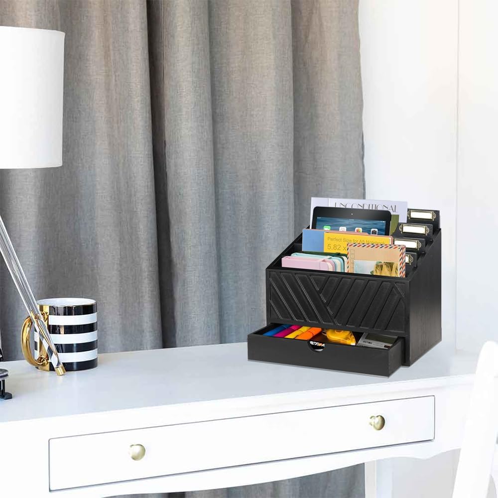 Mail Organizer for Countertop with 4 Compartments and Drawer, Wood Desktop Mail Organizer for File Letter Paper Folder, Desk Drawer Organizer, Black