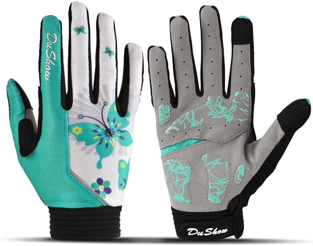 Pink Floral Cycling Gloves for Women | Full Finger Gel Padded Workout Gloves