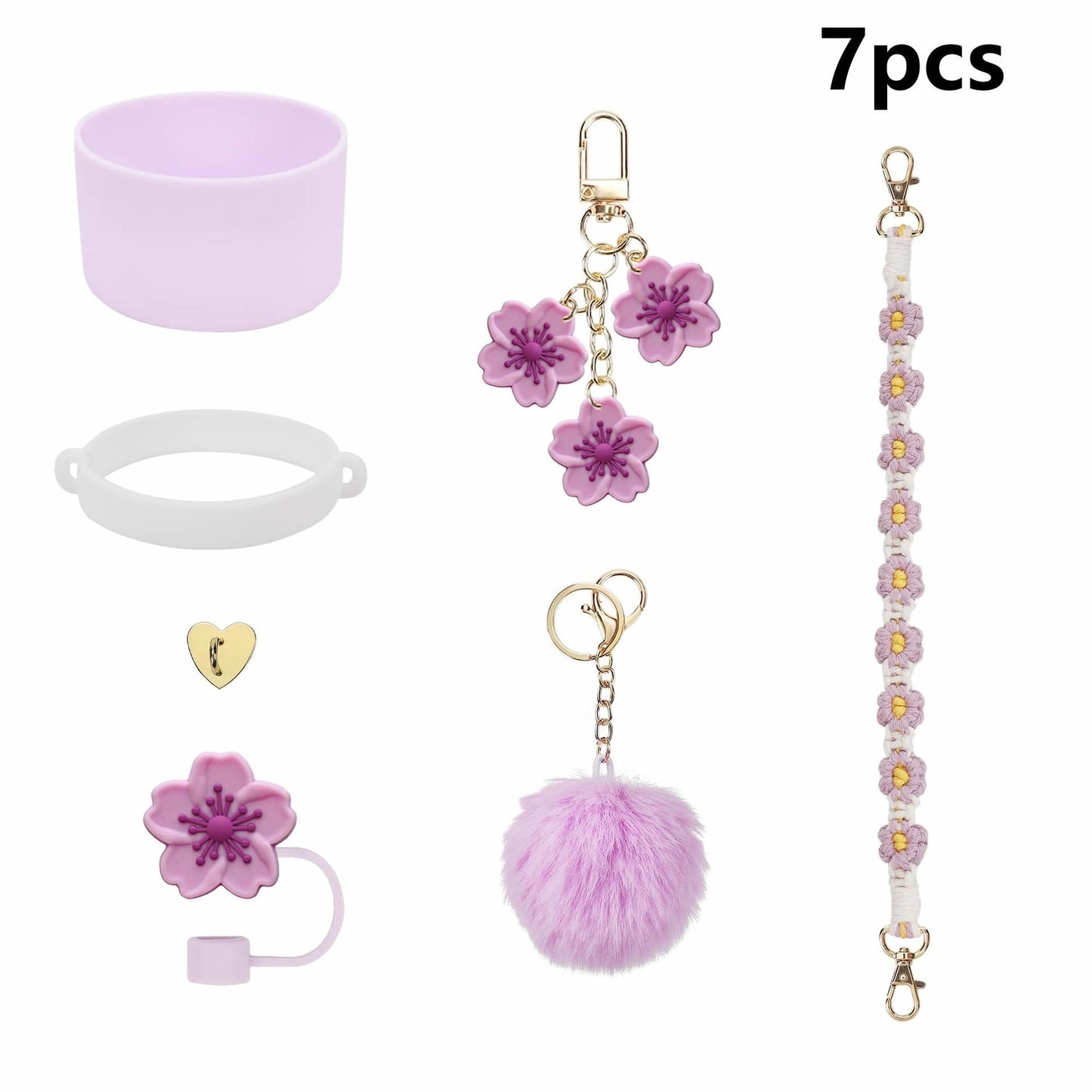 7pcs Cup Charms for Stanley Cup Accessories, Straw Cover Cap & Water Bottle Silicone Boot for Stanley Cup 30oz or 40oz Tumbler Cup Accessories, Handle Strap with Flower Charms for Stanley Cup(Purple)