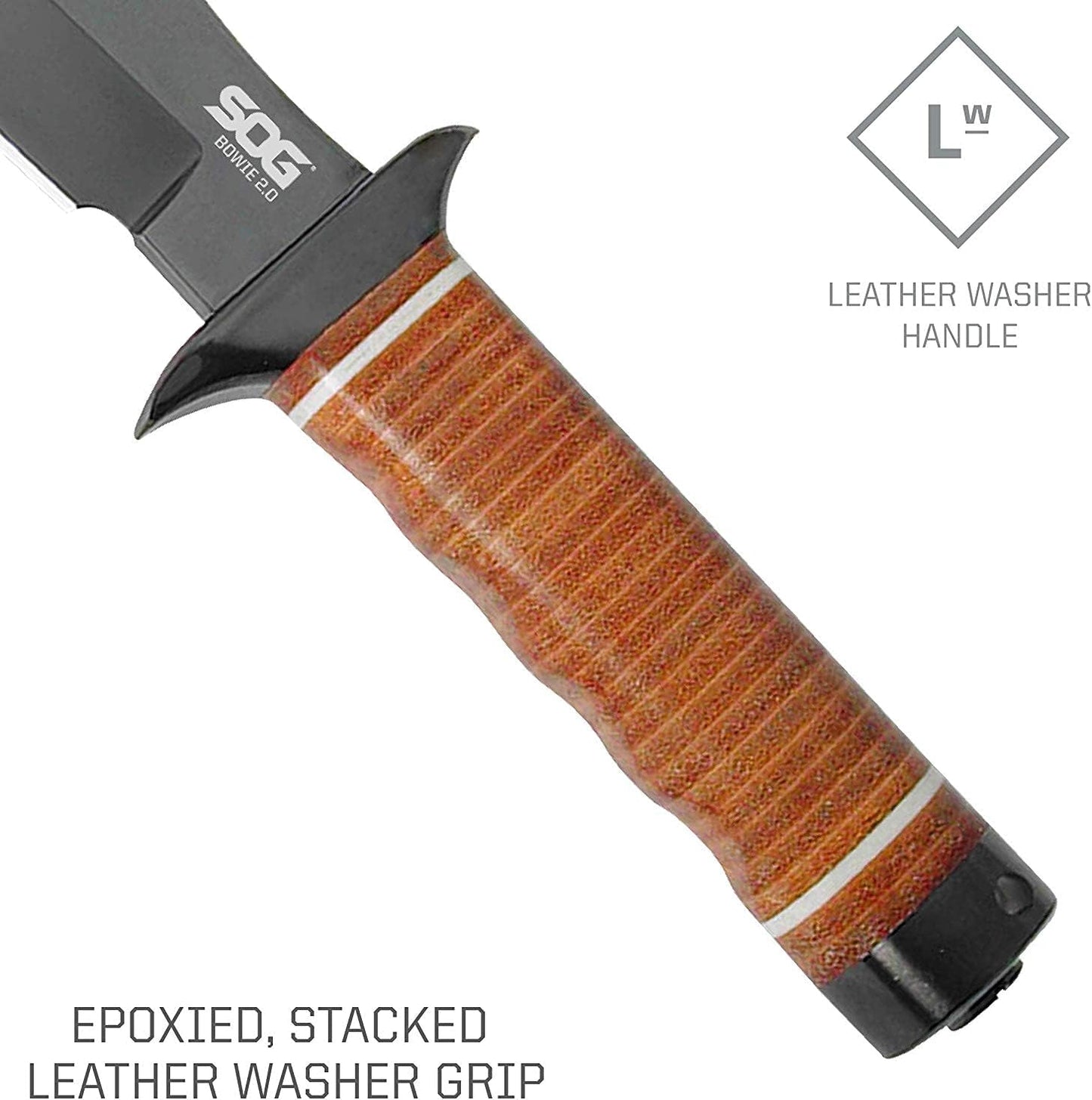 SOG Bowie 2.0 Fixed Blade Knife-Tactical Knife with 6.4 Inch Blade, Hunting Knife with Hard Case TiNi Coating and AUS-8 Steel, Leather Knife Sheath (S1T-L),Brown