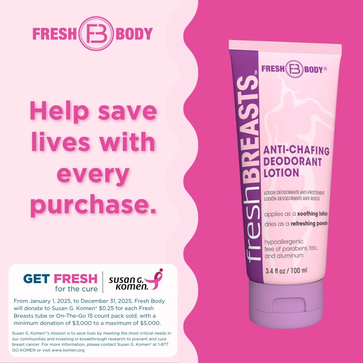 Fresh BREASTS Anti-Chafing Deodorant Cream to Powder for Under Boobs, Inner Thighs - Lotion Made without Talc, Aluminum, Parabens or Added Fragrance - 3.4 Fl Oz (2 Pack)