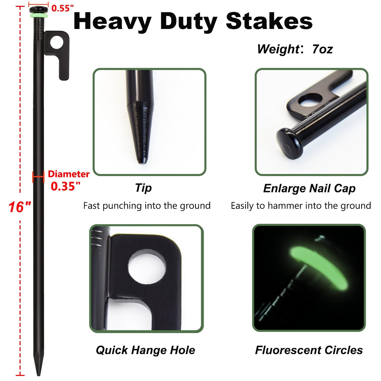 20Pcs Tent Stakes, 16in Heavy Duty Tent Stakes, Dia 0.35" Forged Steel Stakes Heavy Duty for Tent Used on Rocks, Grassland, Snowfield(20Pcs 16in Stakes)
