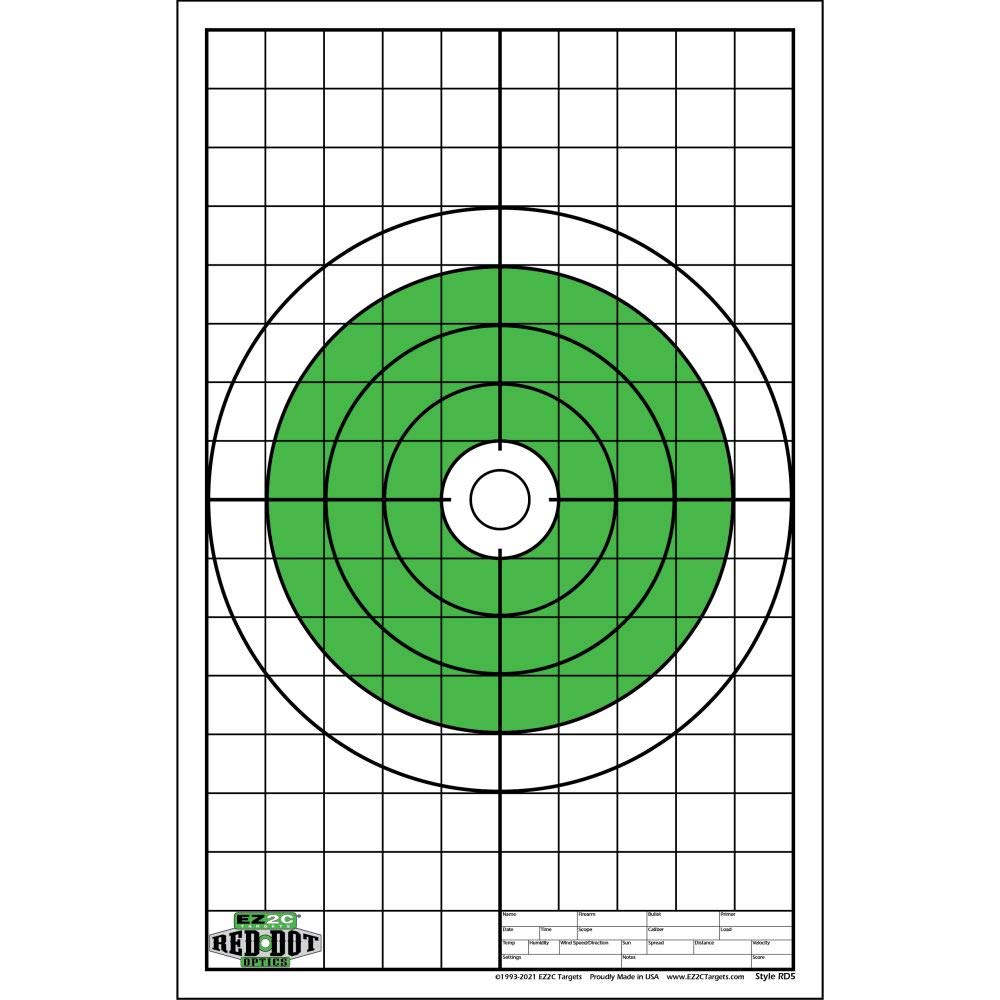Red Dot Optics Style 5: Large 10" EZ2C Green Bullseye Targets Optic Zeroing Shooting Paper Targets High Visibility Firearms and Rifles Target 11" x 17" (Pack of 50)