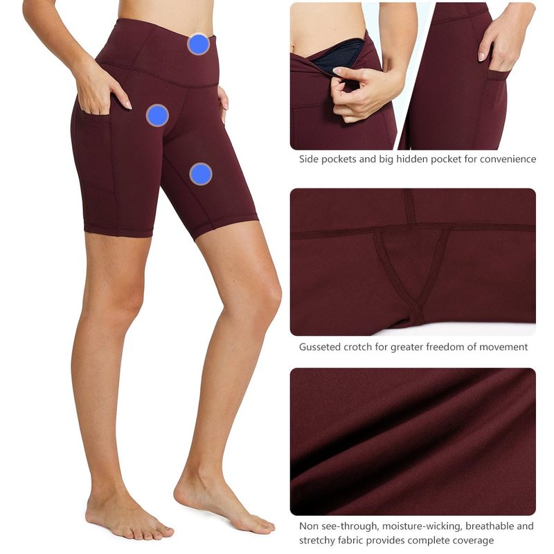 baleaf Biker Shorts Women Yoga Gym Workout Spandex Running Volleyball Tummy Control Compression with Pockets 8" Wine Red XXL