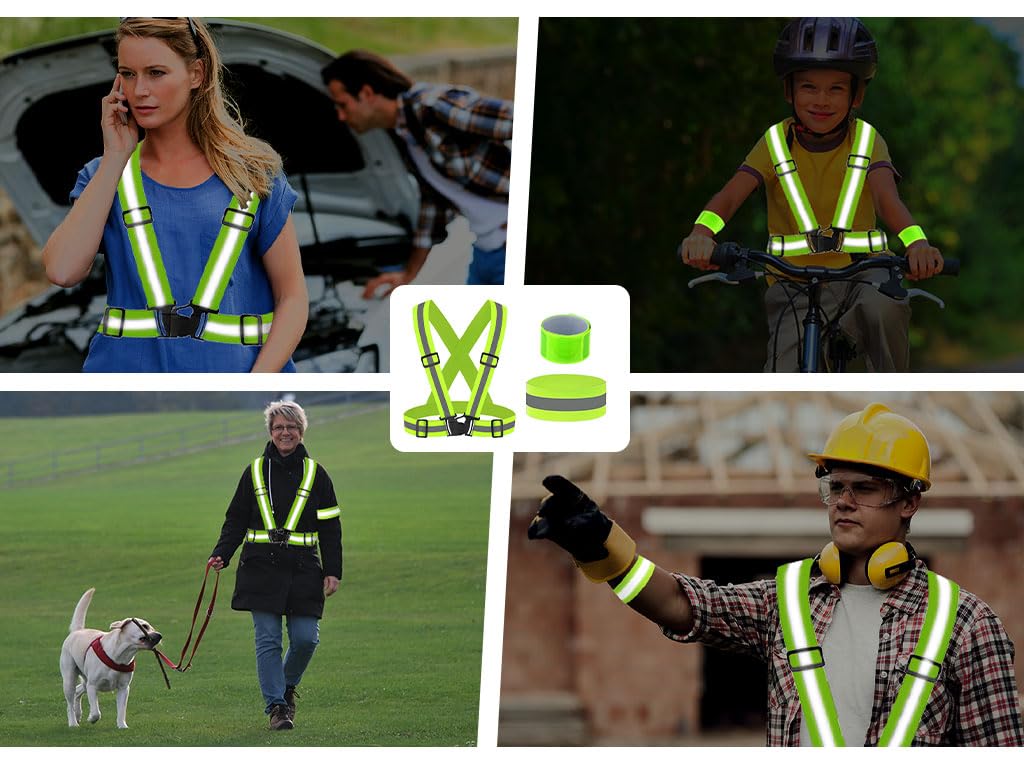 Hitopin Running Reflective Vest Gear, 4Pack Reflective Safety Harness, High Visible Reflective Running Vest, Adjustable Safety Vest, 8PCS Reflective Wristbands, for Running, Jogging, Hiking, Cycling