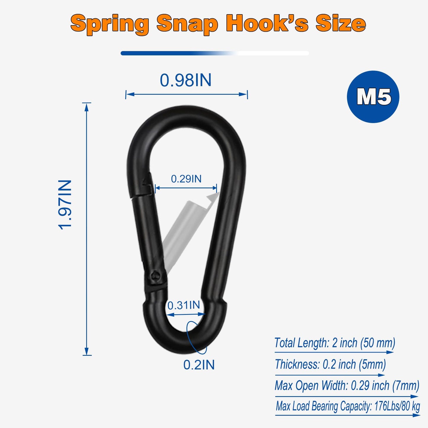 200PCS M5 Black Carabiner Clip,Bulk 3/16Inch Snap Hook Quick Link Small Carabiner Clips, 2'' Spring Link Buckle for Fishing Camping Hammock Dog Leashes-220LBS Holding Capacity.