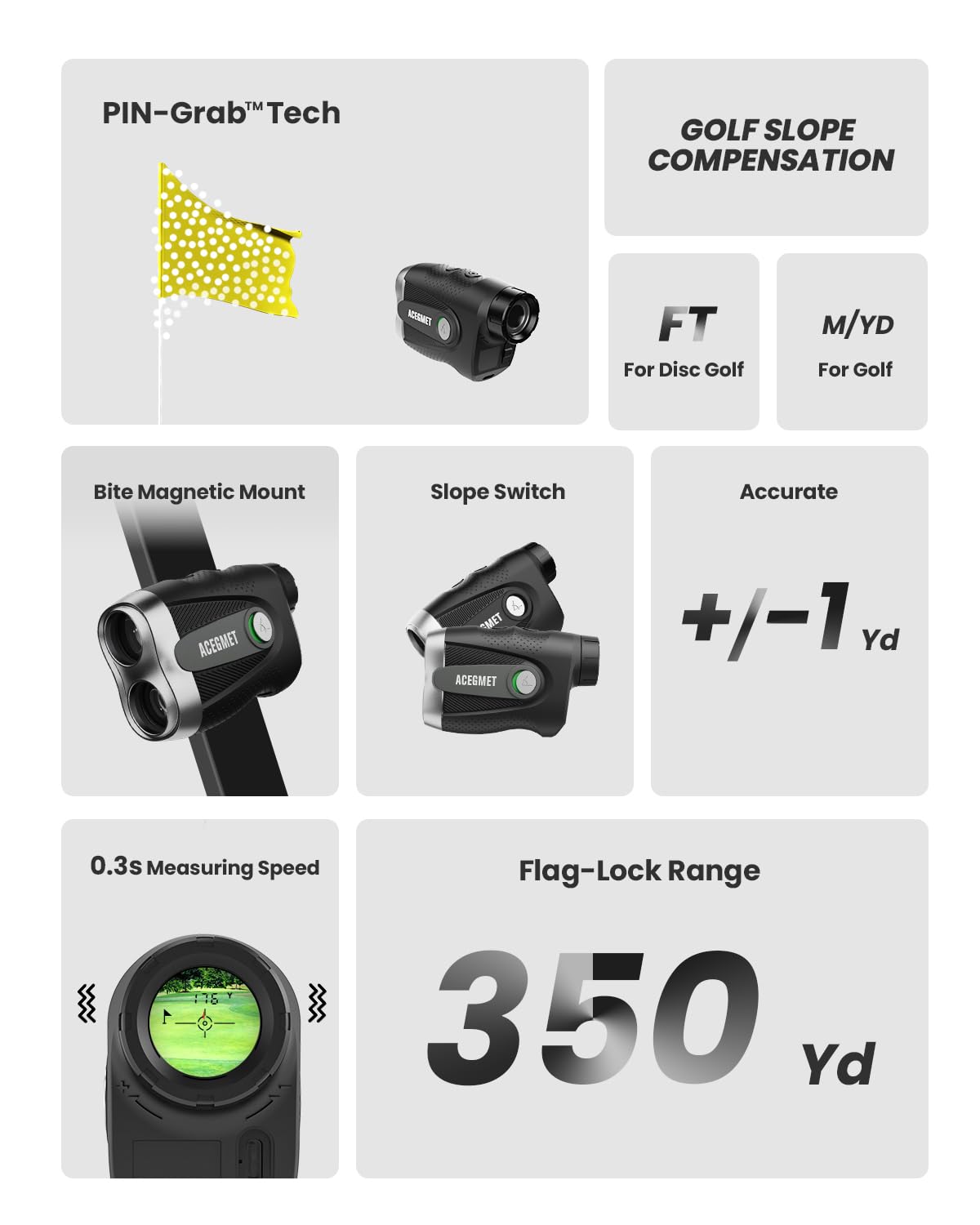 ACEGMET PF2C Golf Rangefinder with Slope, 0.3s Flag Pole Locking Vibration, ±1yd Accuracy, 870 Yards Rechargeable Laser Range Finder Golf with Magnetic, Golf Accessories for Men