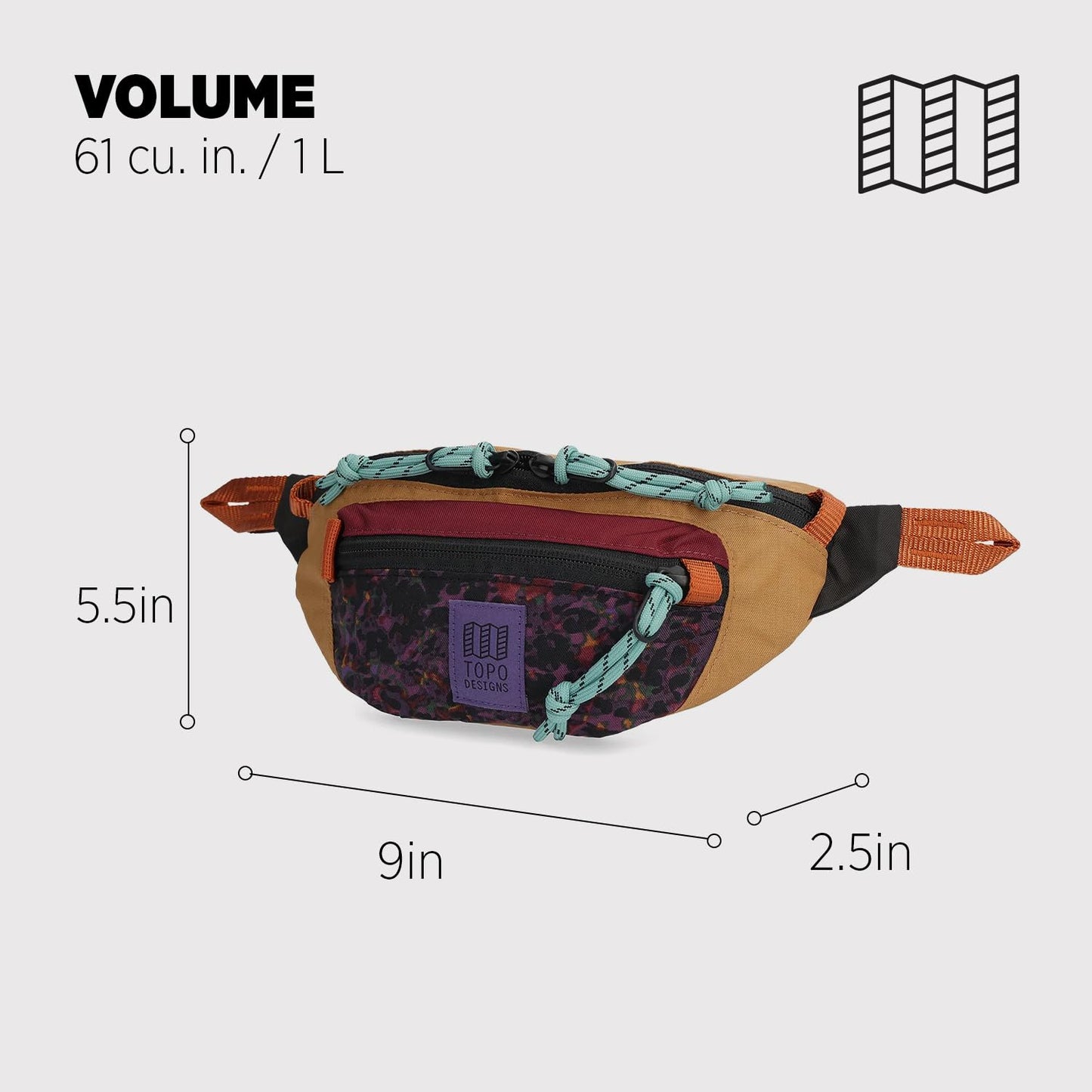 Topo Designs Mountain Waist Pack, Hip Bag, 100% Recycled Nylon Construction, 2L capacity, YKK Zips (Meteor)