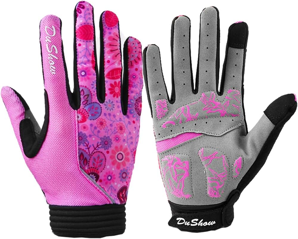 Pink Floral Cycling Gloves for Women | Full Finger Gel Padded Workout Gloves