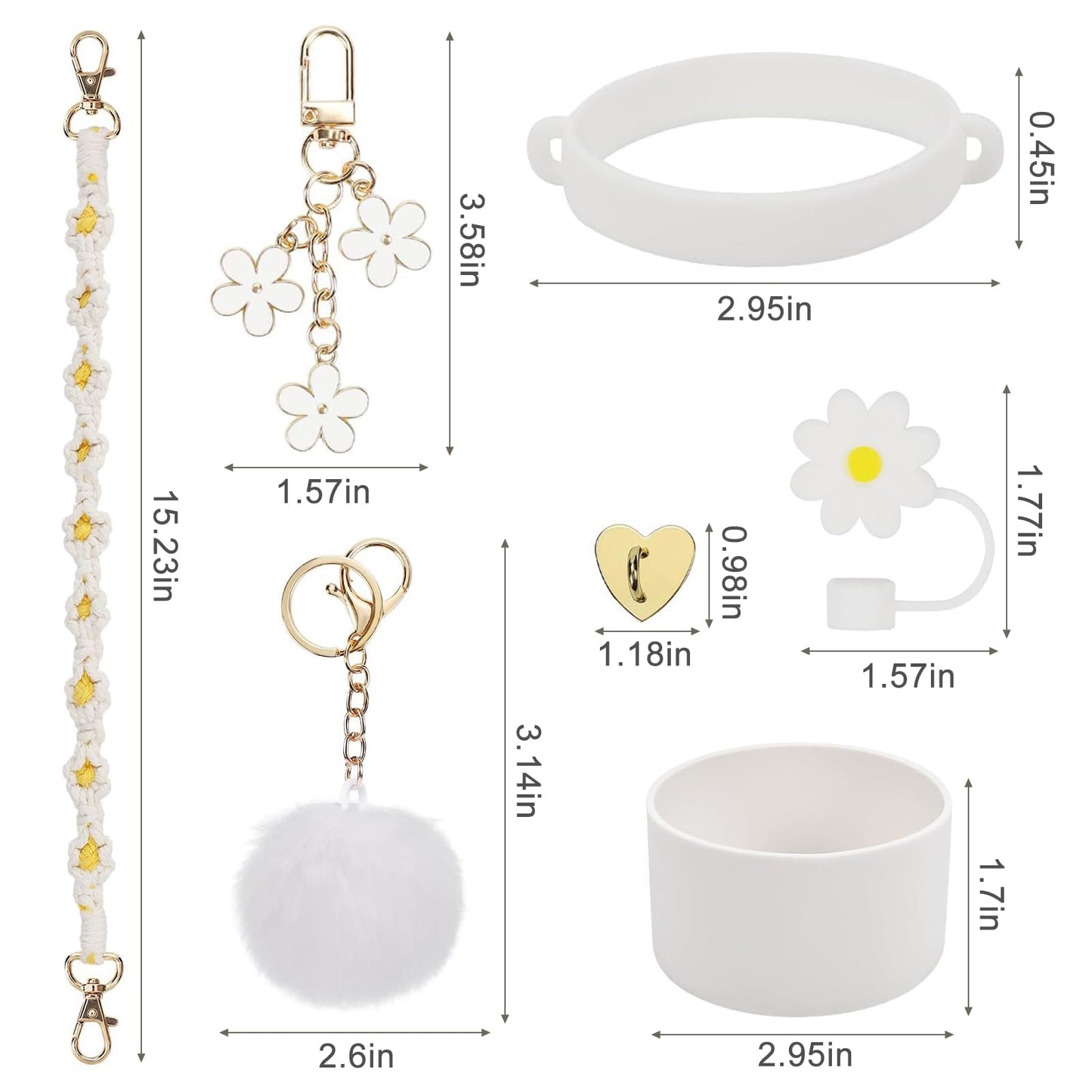 Gestarich 7PCS Stanley Cup Accessories, White Silicone Tumbler Accessories for 30/40oz Stanley Tumbler, Including Straw Cover, Boot, Hand Strap, 4 Pcs Charms