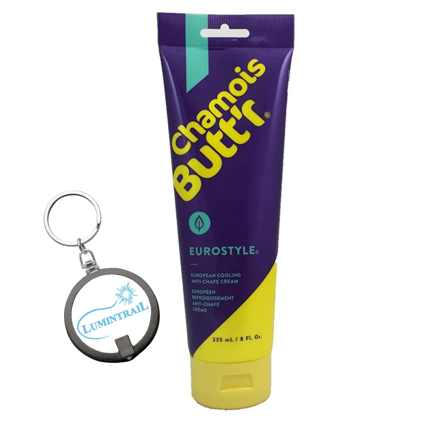 Lumintrail Chamois Butt'r Cooling Anti Chafing Cream Eurostyle - 8 Fl. Oz. Tube Bundle with a Keychain Light
