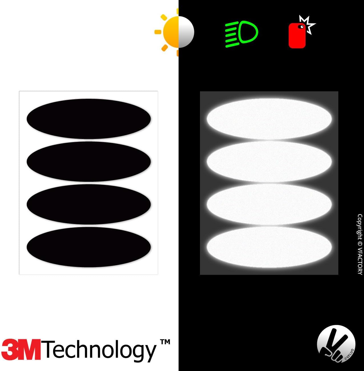 VFLUO - Kit 4 Retro Reflective Oval Stripes Stickers for Mortorcyle Helmet - Stickers Approved to FR Dimension - High Visibility, 3M Technology™ - Discreet and Design - Maximum Grip