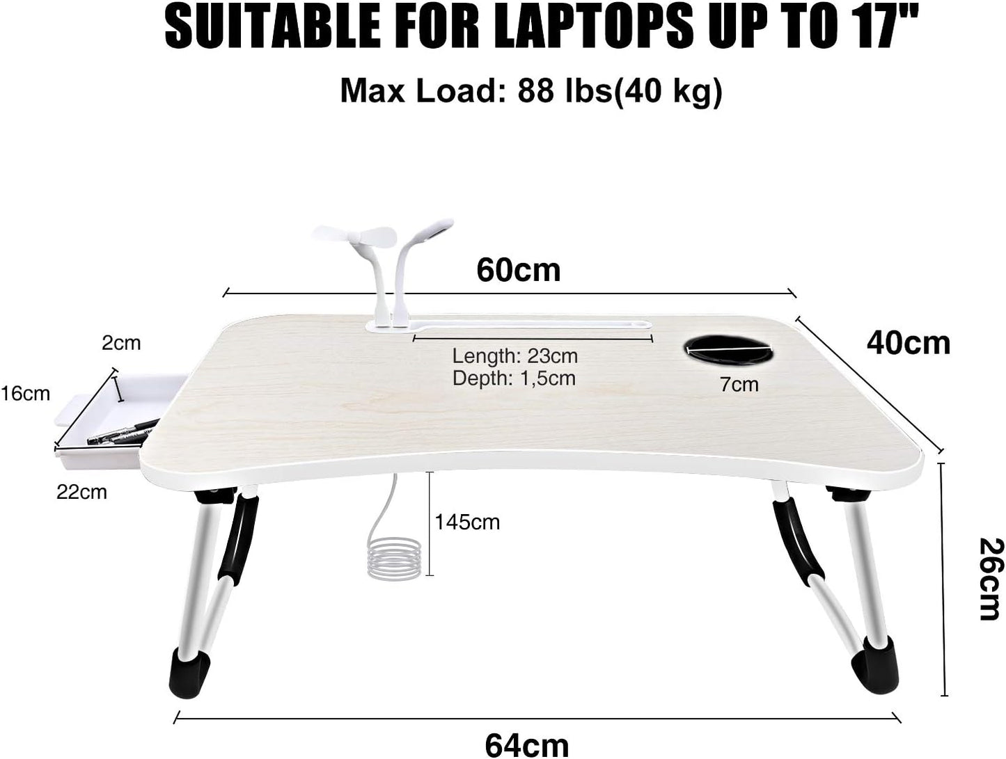 Laptop Bed Desk,Portable Foldable Laptop Lap Desk Tray Table with USB Charge Port/Cup Holder/Storage Drawer,for Bed/Couch/Sofa Working, Reading