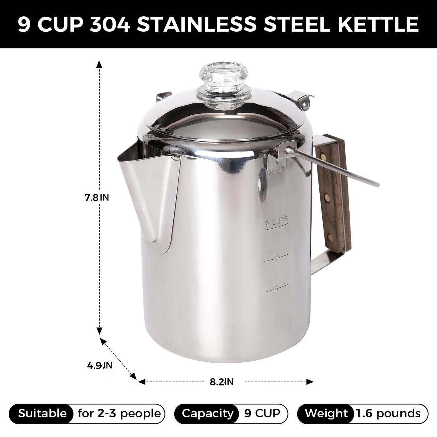 KingCamp Percolator Coffee Pot Campfire Coffee Boiler Kettle 304 Stainless Steel with Wood Handle for Outdoor Camping Cookware, Cabin, RV, Kitchen, Hunting & Backpacking, NO Aluminum or Plastic 9 Cup