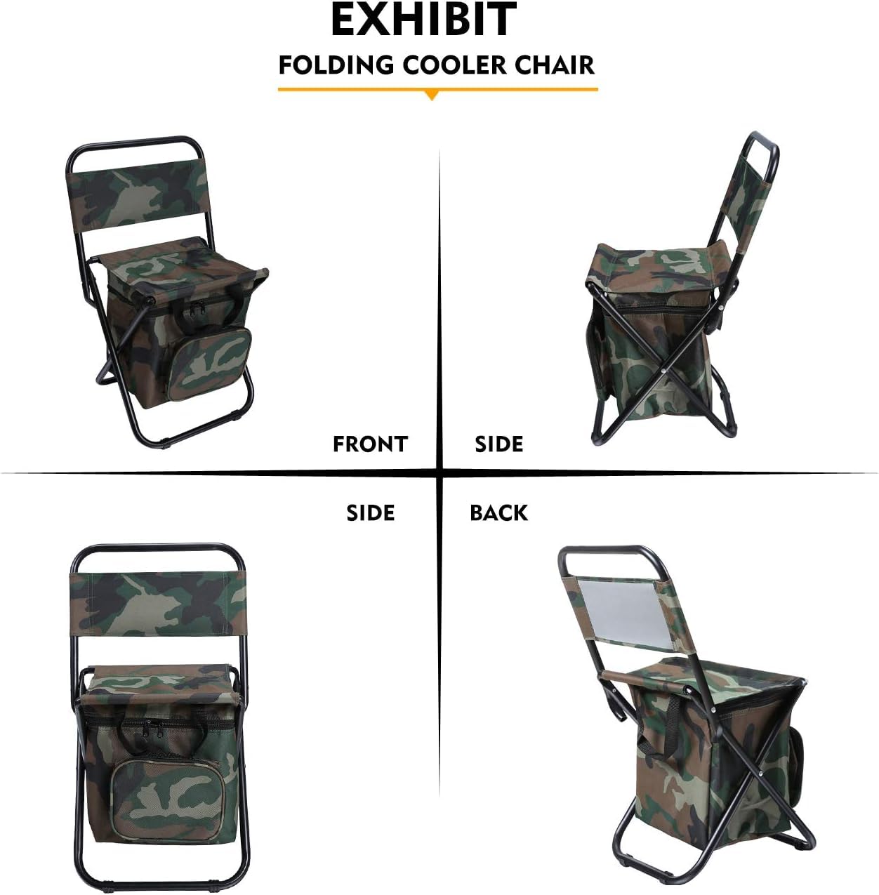 LEADALLWAY Fishing Chair with Rod Holder and Cooler Bag, Camouflage, Portable, Outdoor, 2.9 lbs, 280 lbs Capacity, Steel Frame, Oxford Fabric, Anti-Slip Feet, Adjustable Shoulder Strap