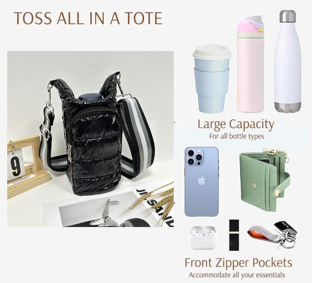 LESCATO Original Crossbody Water Bottle Bag/Puffer Tote Tumbler Holder with Pockets for Phone & Accessories (Black)