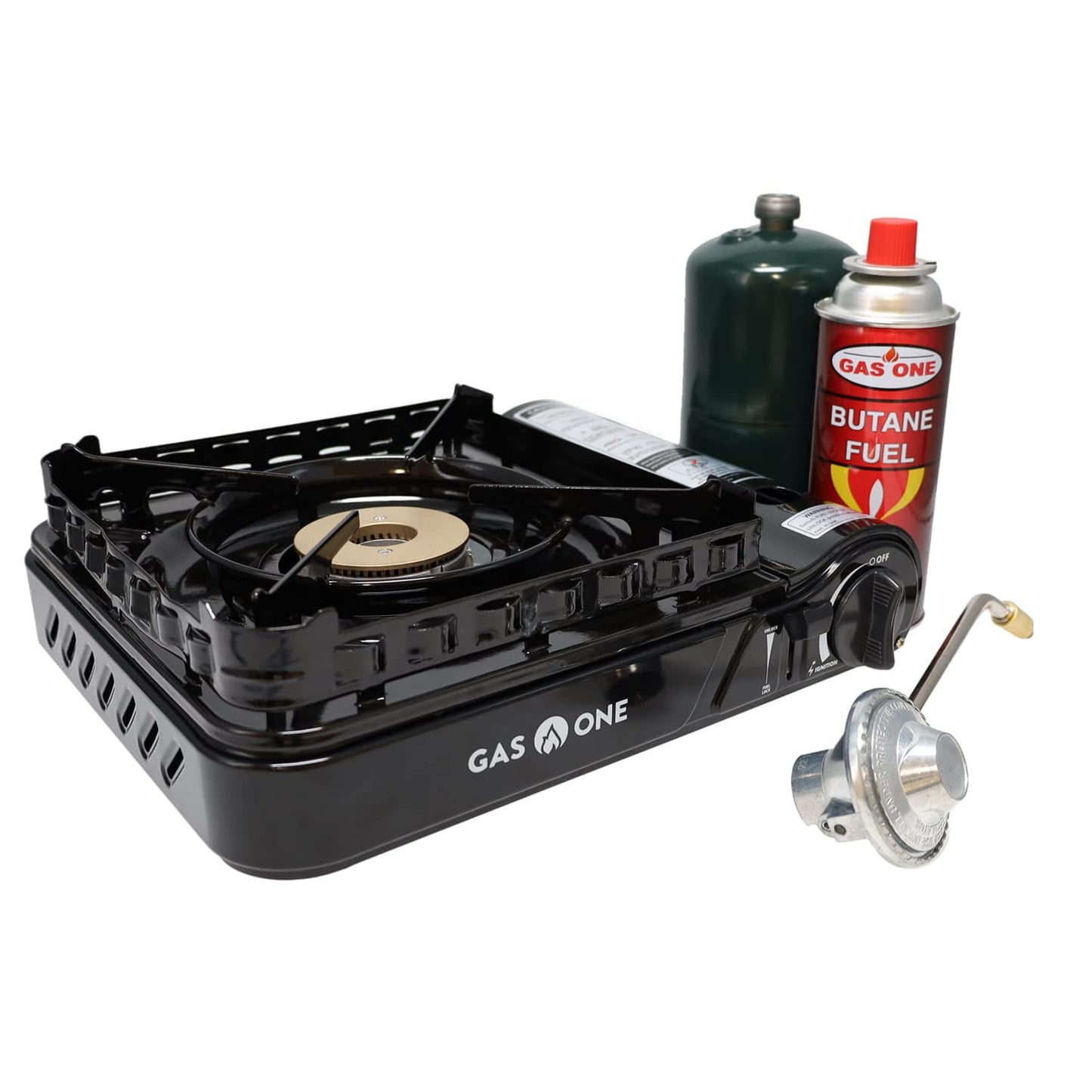 Gas One Dual Fuel Portable Stove 15,000BTU With Brass Burner Head, Dual Spiral Flame Gas Stove - Patent Pending | Gas One Aluminum 10 Plates Windscreen
