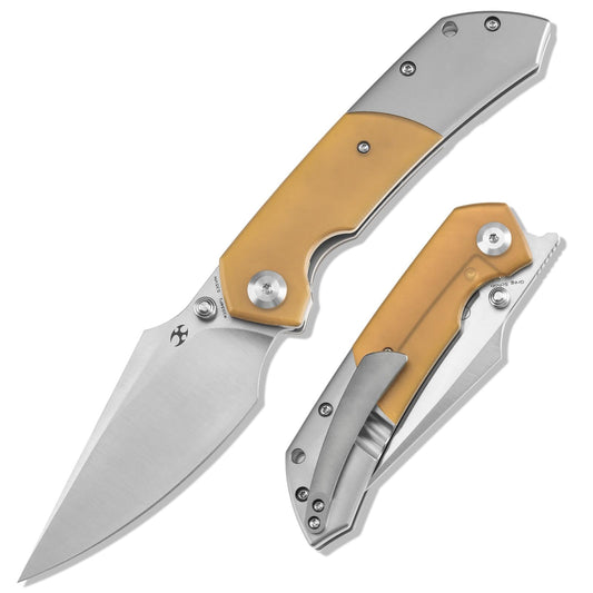 KANSEPT Fenrir Pocket Folding Knives for Men EDC Camping EDC Knives 3.48'' Satin CPM S35VN Material Camping Fishing Knives with Plain Titanium Amber PEI/Ultem Handle Everyday Carry K1034P1