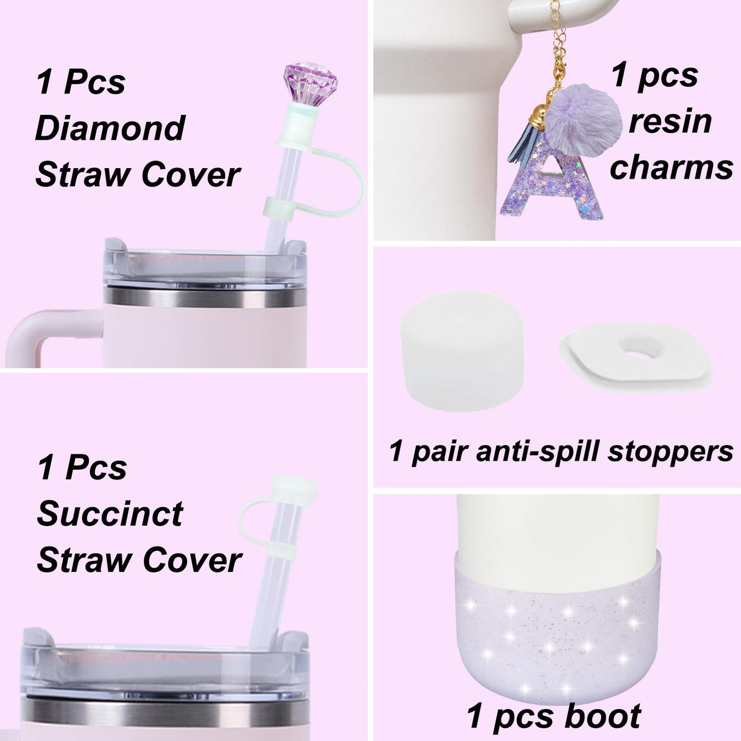 6-Pcs Stanley Cup Accessories Set,10mm Straw Topper, Letter Charms,Diamond Straw Covers,Bling Silicone Boot, Spill-Proof Compatible Stanley Cup Accessories(Purple K)