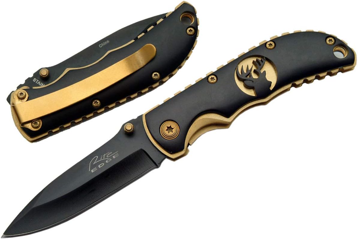 Rite Edge Folding Pocket Knife, Black & Gold Deer Design, 3.5" Compact Stainless Steel Blade, EDC with Pocket Clip