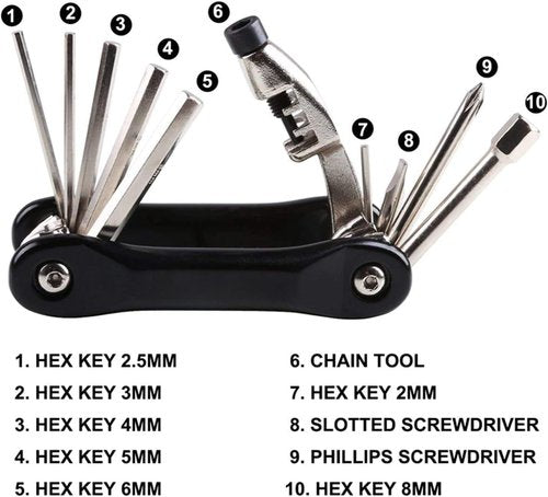 YBEKI Bike Tyre Repair Tool Kit - Bicycle Tool kit with 210 Psi Mini Pump 10-in-1 Multi-Tool with Chain Breaker, Tyre Levers &Tire Patch, Bone Wrench, 1 Portable Bag. 6 Month Warranty