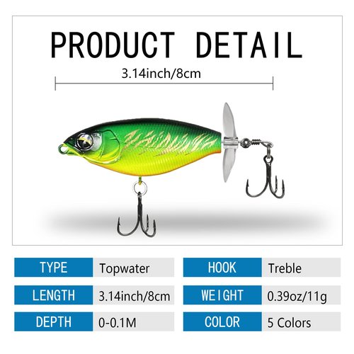 RTGSE 5Pcs Whopper Fishing Lure for Bass Popper Topwater Fishing Lures with Two Propeller Blade Floating Rotating Tail Barb Treble Hooks in Freshwater Plopping Lures