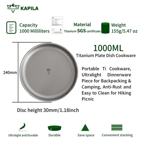 KAPILA Titanium Camping Plate, Dish, Portable Ti Cookware, Ultralight Dinnerware Piece for Backpacking & Camping, Anti-Rust and Easy to Clean for Hiking Picnic (1000ml)