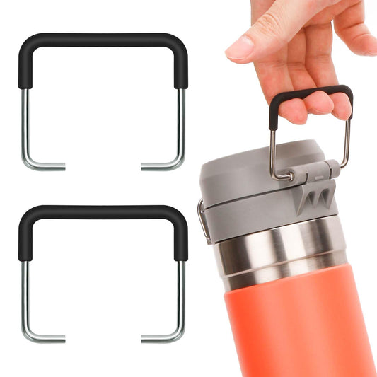 2pcs Handles For Stanley Quick Flip GO 24oz 32oz, Premium Metal Silicone Water Bottle Holder for Stanley Tumbler, Handle Strap Carrier Sling Attachment for Stanley Cup Accessories (Black)