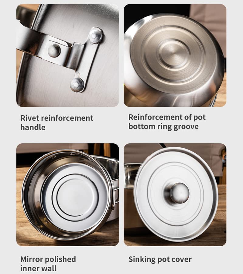 304 Stainless Steel Camping Cookware Set, Pots and Pans for Campfire Cooking, Includes Travel Tote Bag for 4-6 People
