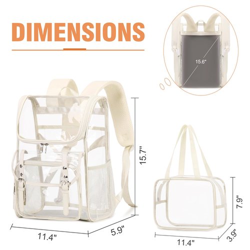 DIGOBAY Clear Backpack with Lunch Bag Set, Leather Clear Backpack Heavy Duty Thick PVC Bookbag Fashion See Through Transparent Backpacks with Support Pad for College Travel Work Beige