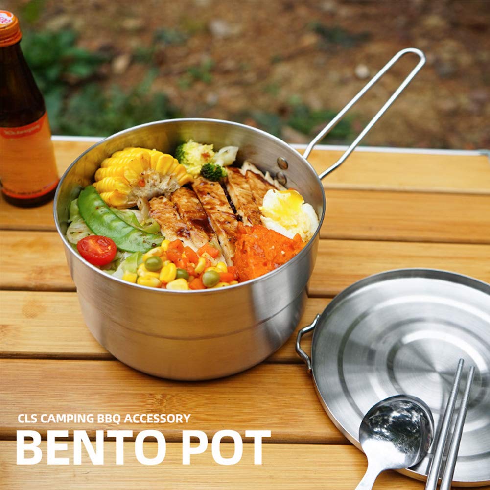 EKDJKK Stainless Steel Camping Cook Pot, 1.5L Camping Cookware with Lid and Folding Handle, Large Capacity Bento Pot for Outdoor Backpacking Camping Hiking Picnic