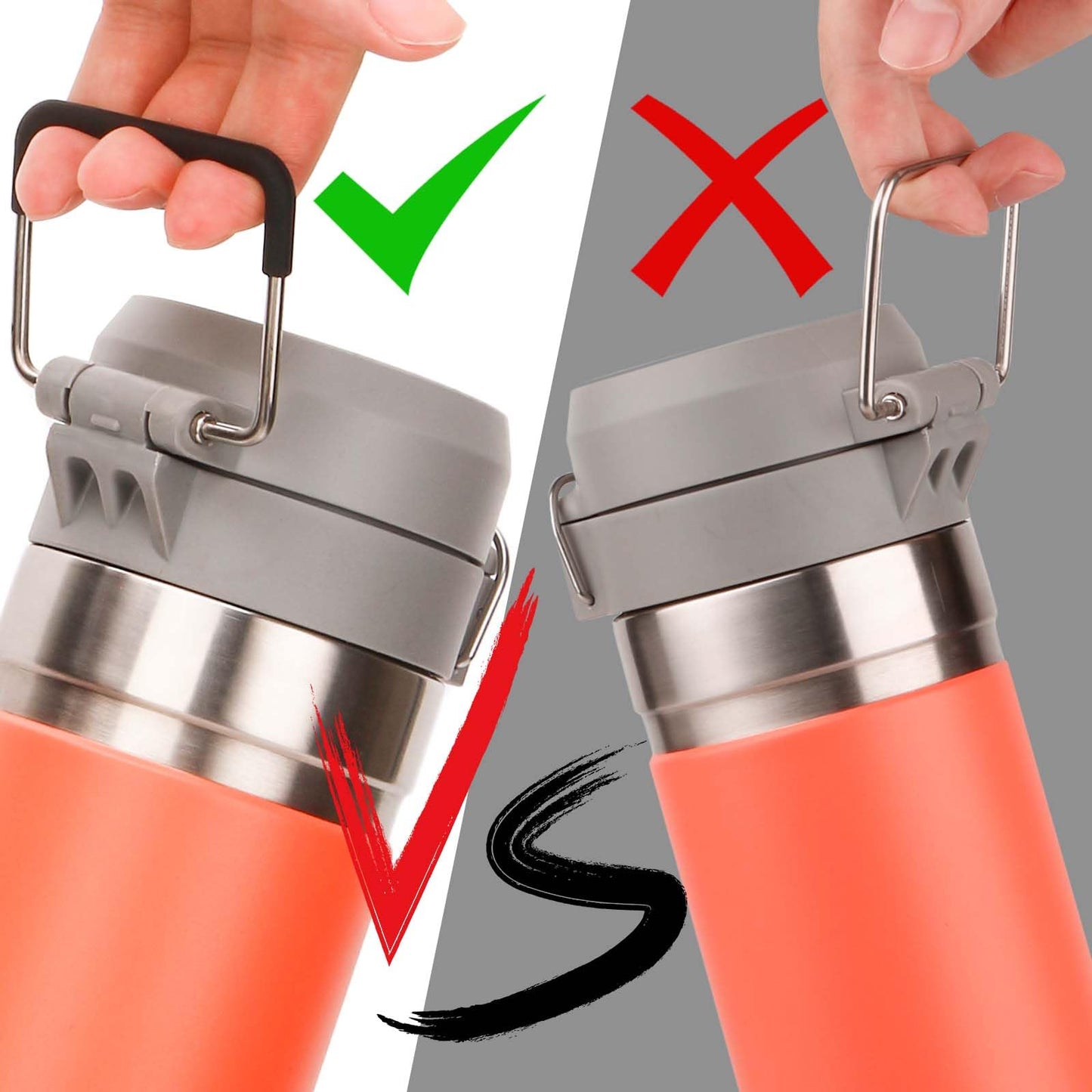 2pcs Handles For Stanley Quick Flip GO 24oz 32oz, Premium Metal Silicone Water Bottle Holder for Stanley Tumbler, Handle Strap Carrier Sling Attachment for Stanley Cup Accessories (Black)