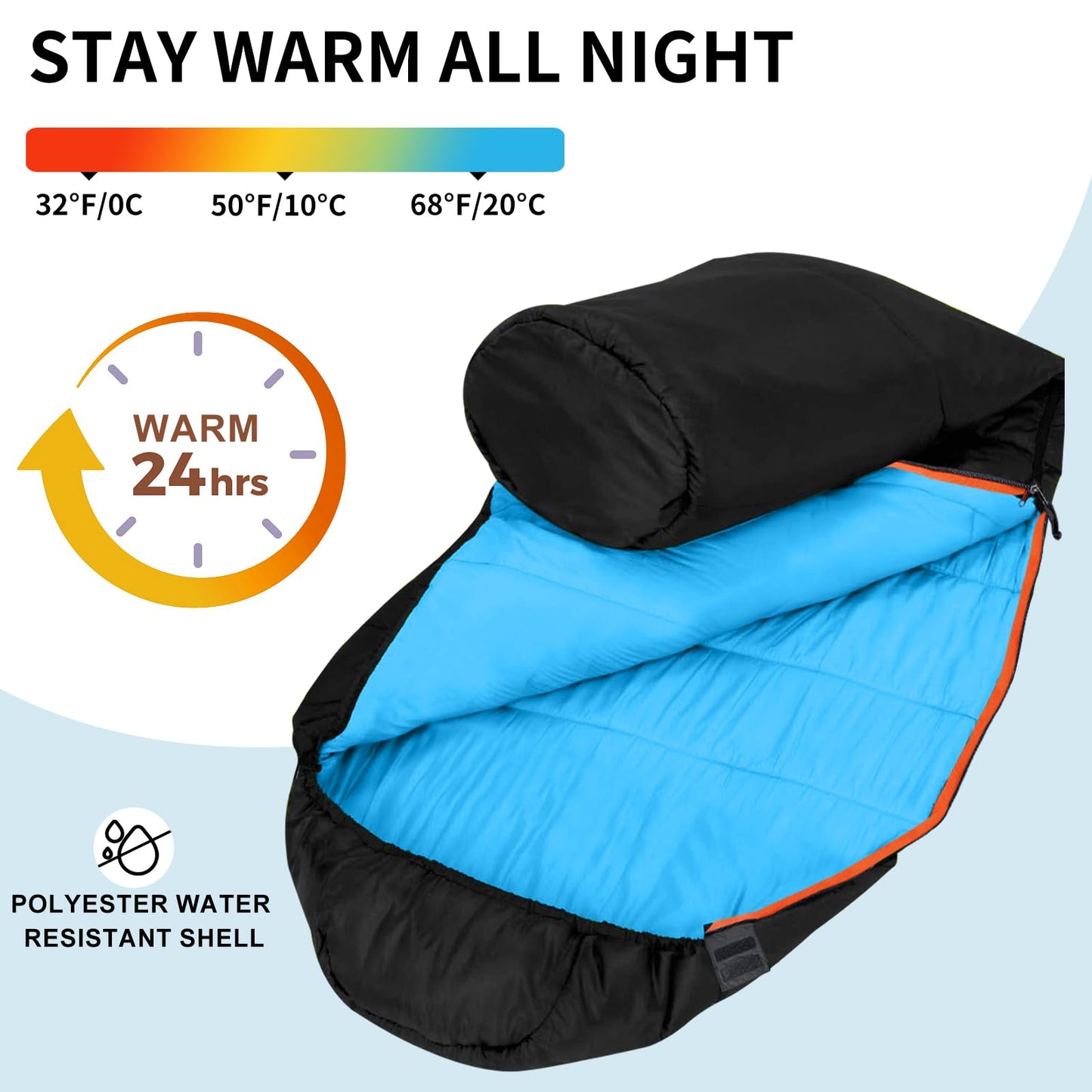 KAMPKEEPER Mummy Sleeping Bag for Adults,3-4 Seasons Cold Weather,Waterproof,Lightweight,Non-Snag Zipper with Adjustable Hood Perfect for Backpacking, Hiking,Camping
