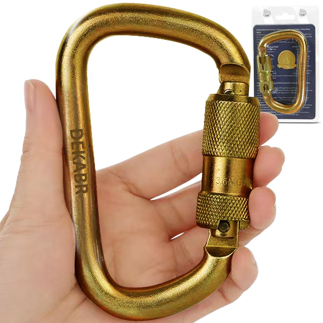 DEKABR Heavy Duty Alloy Steel Auto-Locking Climbing Carabiner - 45KN Twist Lock Carabiner for Rock and Tree Climbing, Quick Release, Rescue, and Mountaineering. ANAB Certified, 4.21-inch, Large, Gold