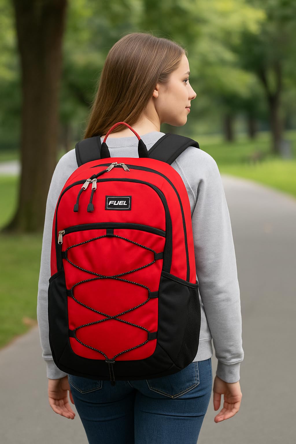 FUEL Sport Backpack w/Multiple Compartments & Bungee Great for Sports, Travel, Leisure, Classroom, Outdoors, Hiking - Red