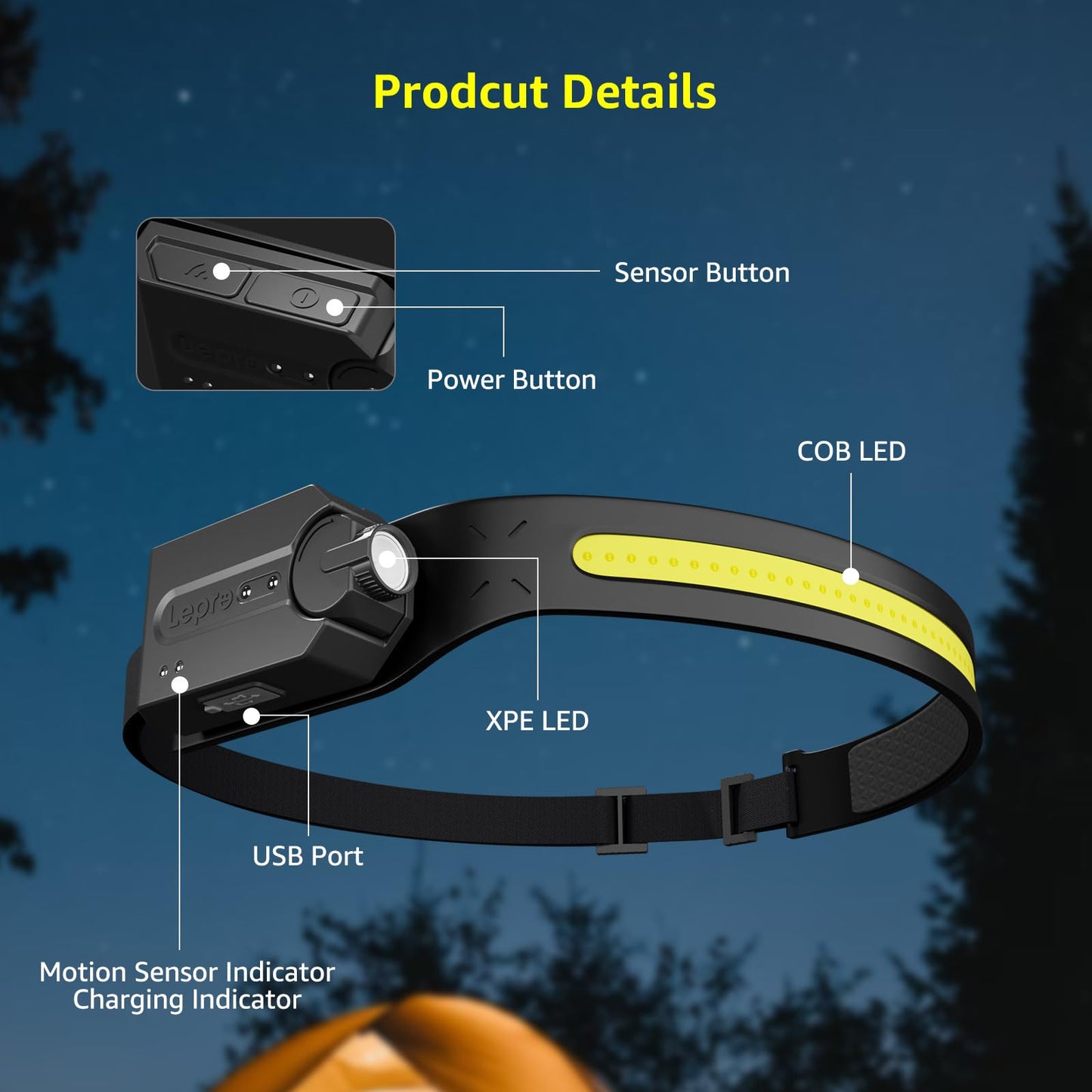 Lepro Bundle - 4 Packs Hanging Tent Light Bulbs with Clip Hook for Camping & 230°COB Wide Beam & Adjustable Spotlight, Waterproof Headlamp