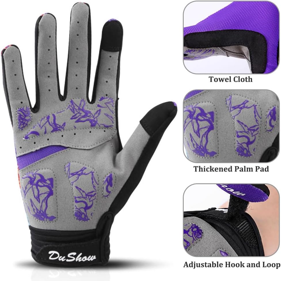 Pink Floral Cycling Gloves for Women | Full Finger Gel Padded Workout Gloves