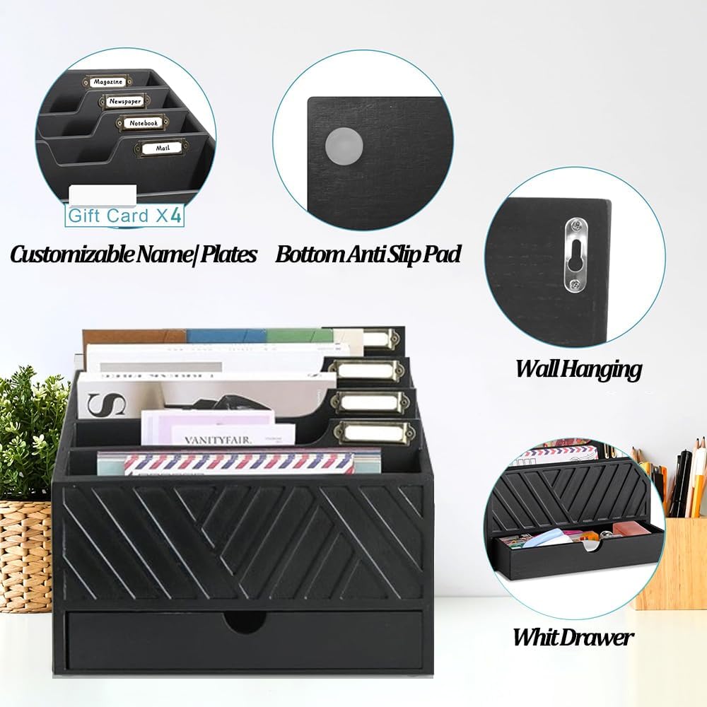 Mail Organizer for Countertop with 4 Compartments and Drawer, Wood Desktop Mail Organizer for File Letter Paper Folder, Desk Drawer Organizer, Black