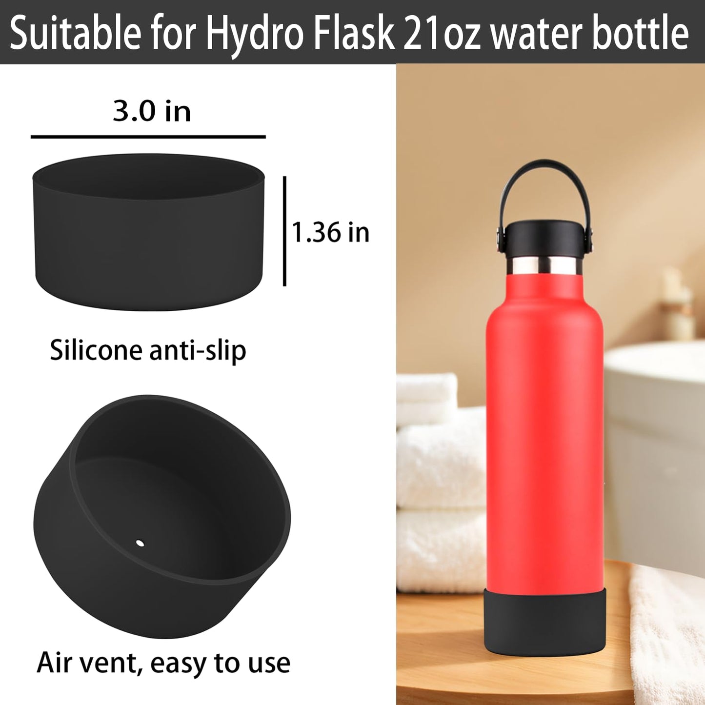 2 PCS Silicone Boot for Hydro Flask Stainless Steel Standard Mouth Water Bottle,Silicone Bottom for Hydro Flask 21oz Stainless Steel Standard Mouth Water Bottle,Avoid Scratches and Noise(Black)