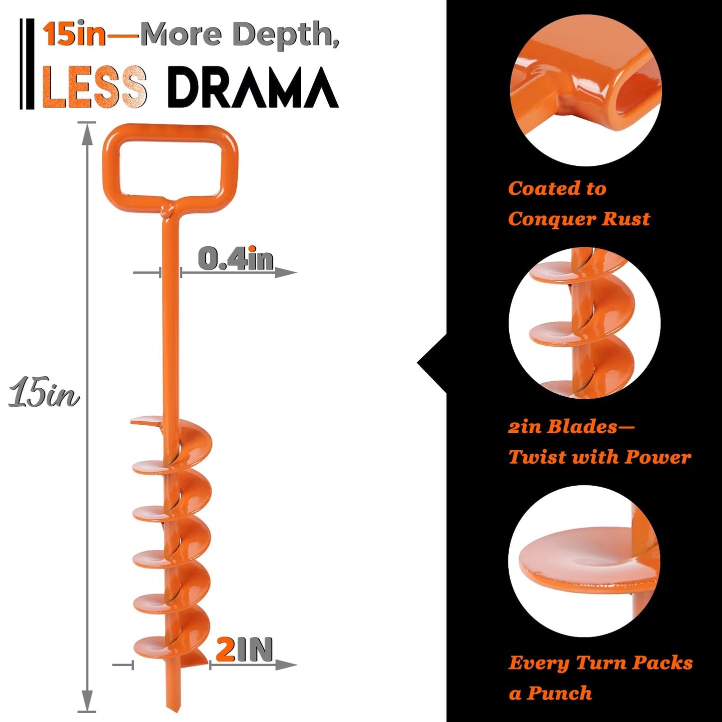 15in Screw in Tent Stakes for 2025 - Ground Anchors Screw in, with Tent Stakes Heavy Duty Adapter & 30ft Nylon Rope – Perfect for Tent Anchors, Ground Anchors Heavy Duty(Orange,6PCS)