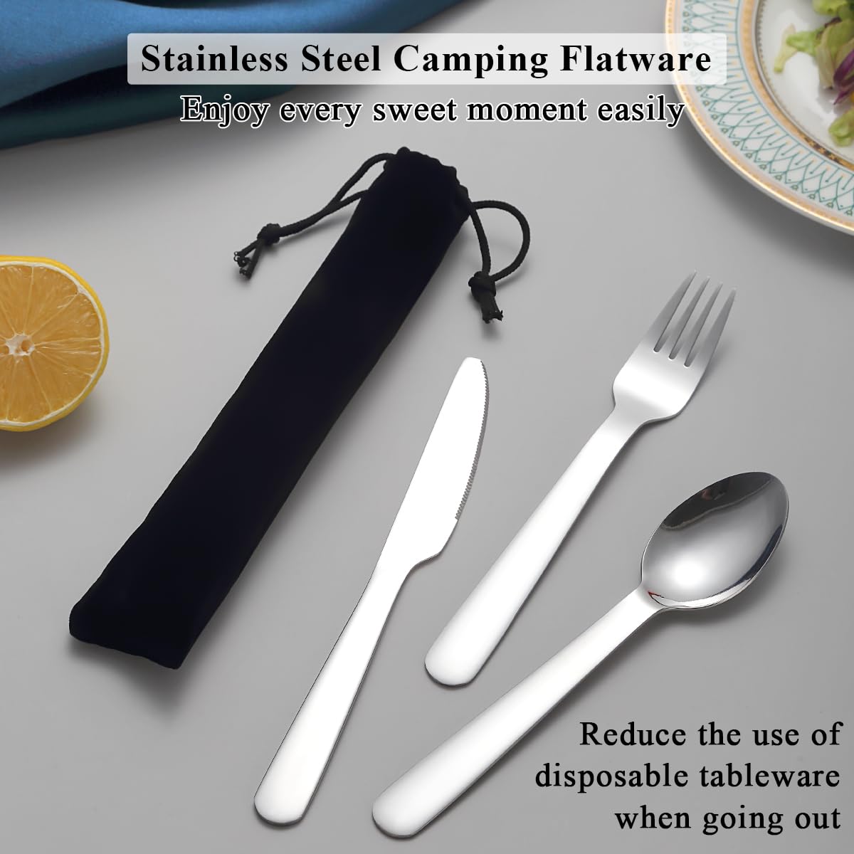 Evanda 3 Piece Portable Silverware Set, Include Knife Fork Spoon, Camping Cutlery Set With Black Bag, For Home Kitchen Camping Travel, Dishwasher Safe