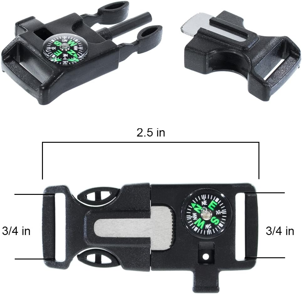 3/4 Inch Survival Buckle - Emergency Whistle, Flint Scraper, Compass, and Fire Starter - Available in 5, 10, 25 Packs