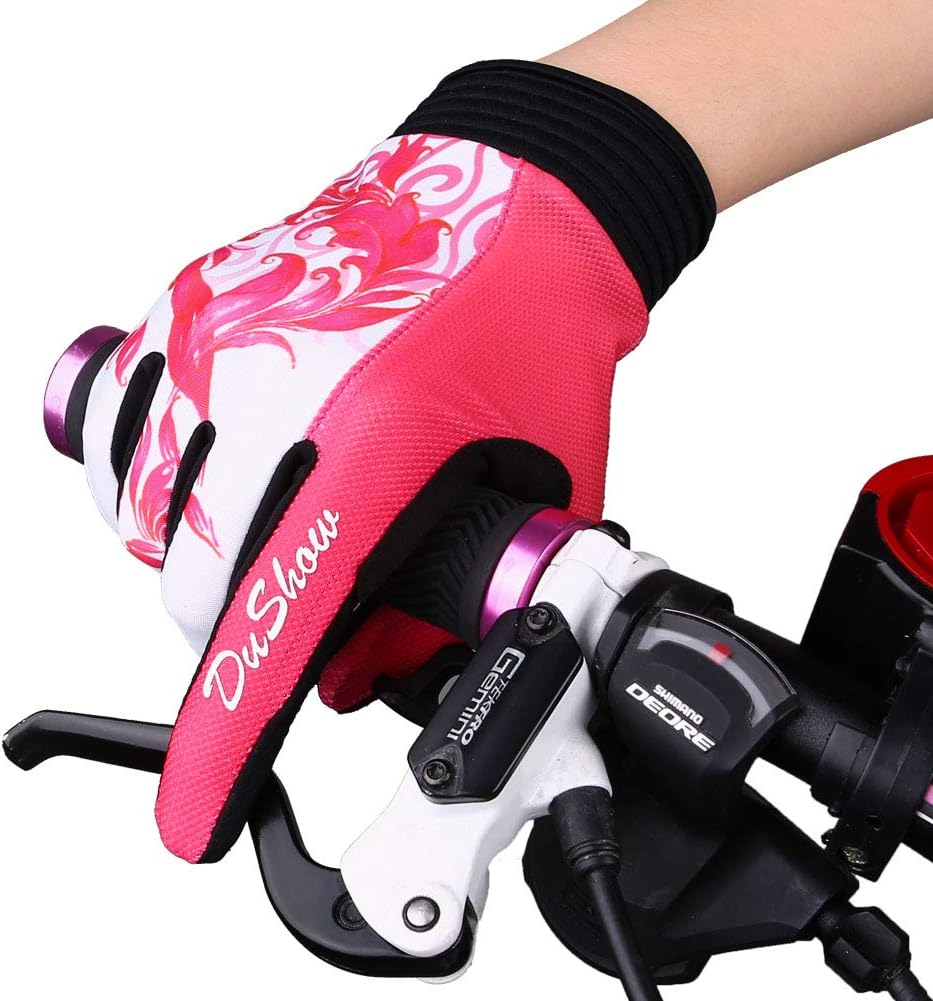 Pink Floral Cycling Gloves for Women | Full Finger Gel Padded Workout Gloves