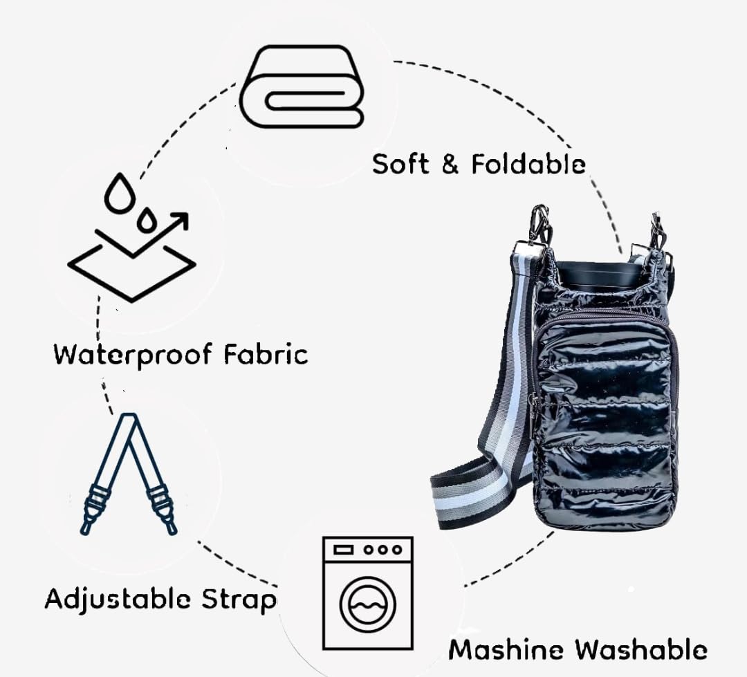 LESCATO Original Crossbody Water Bottle Bag/Puffer Tote Tumbler Holder with Pockets for Phone & Accessories (Black)